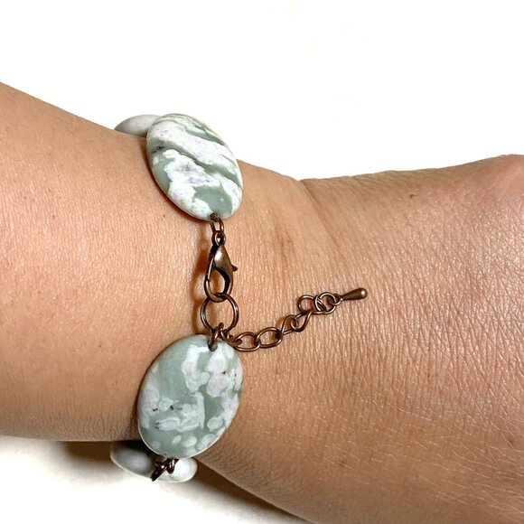 2/$20, Green Flower Agate Boho Bracelet, Large Genuine Gemstone + Copper Links - Picture 11 of 14